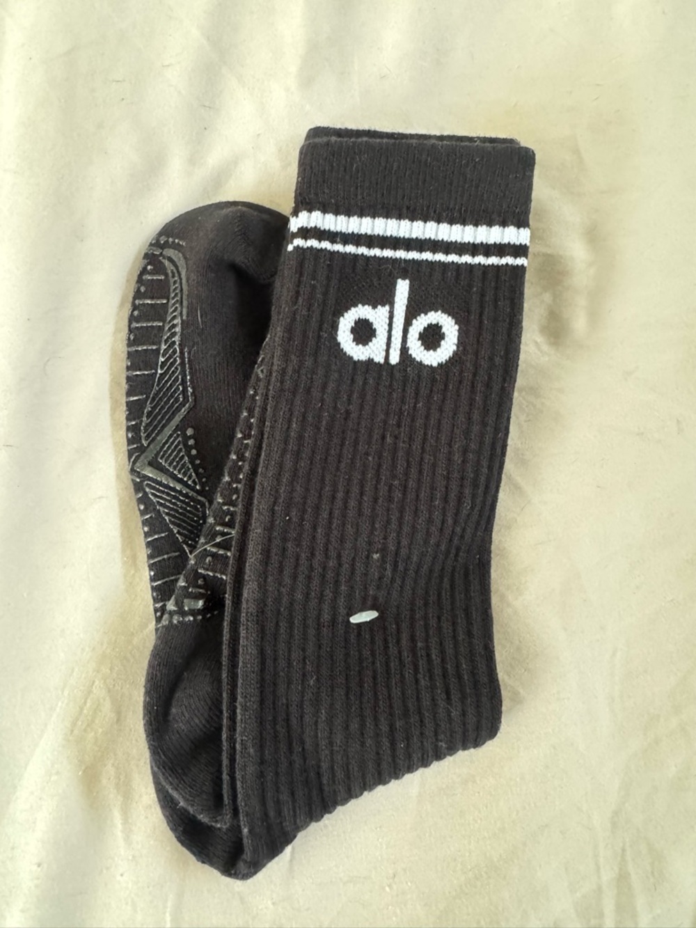 ALO Yoga Black Crew Athletic Grip Socks with White Logo and Stripe